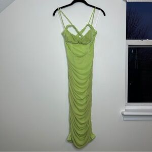 NEW Hello Molly Lime Green Mesh Ruched Bodycon Midi Dress Rhinestone Detail US 6